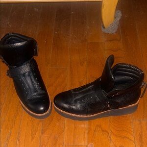 Coach Black Leather Platform Ankle Boots with Brown Trim